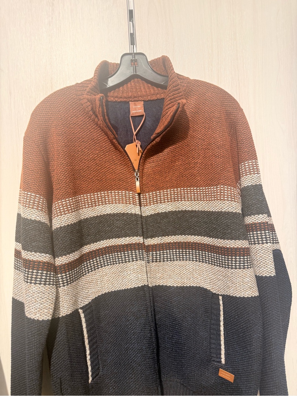 Men's Zip-Up Striped Knit Sweater Jacket - Brown & Navy